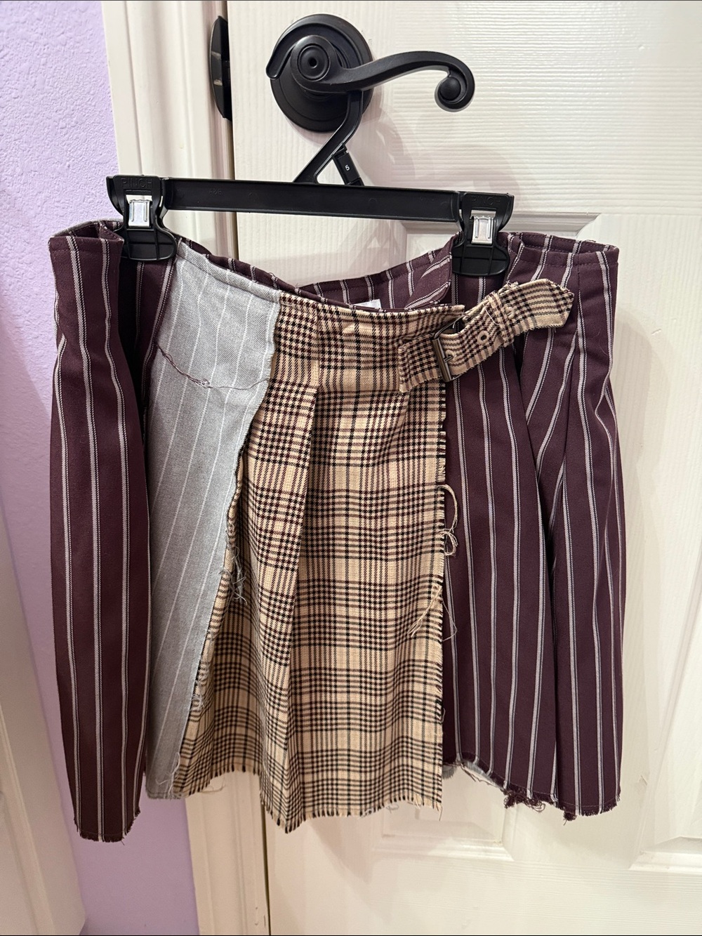 Gianni Bini Distressed Mixed-Panel Mini Skirt - Burgundy, Beige, Gray